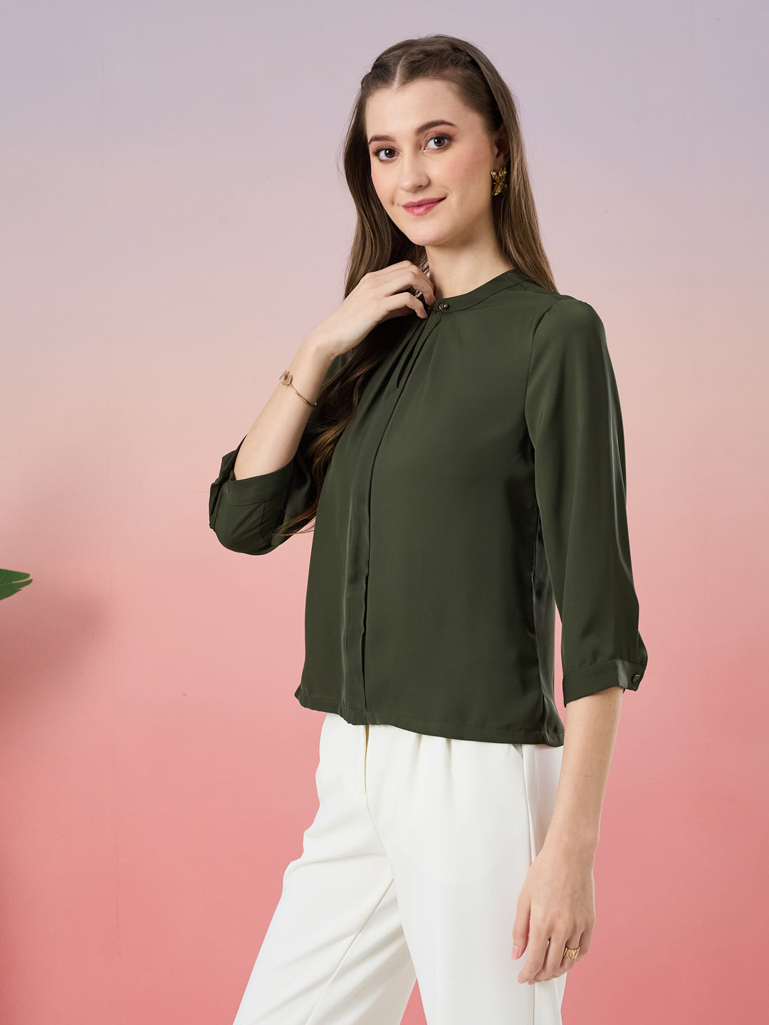 Latin Quarters Women's Olive Solid 3/4th Sleeve Mandarin Neck Casual Top