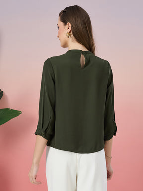 Latin Quarters Women's Olive Solid 3/4th Sleeve Mandarin Neck Casual Top