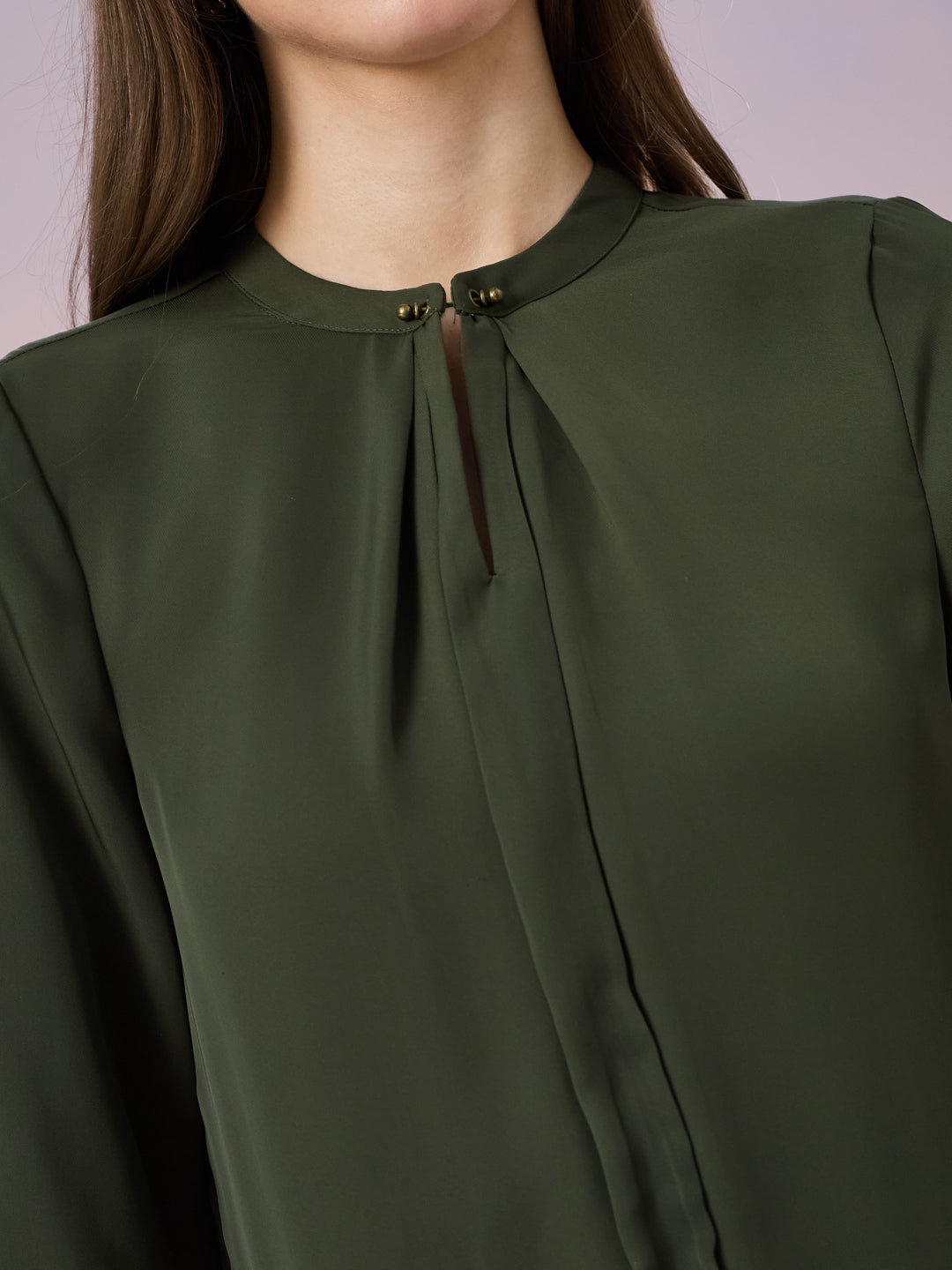 Latin Quarters Women's Olive Solid 3/4th Sleeve Mandarin Neck Casual Top
