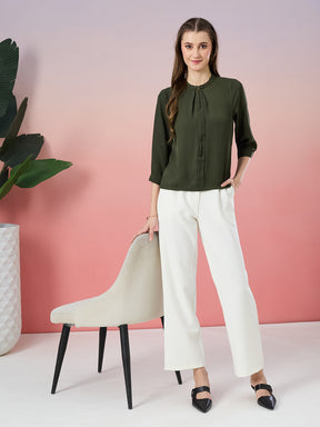 Latin Quarters Women's Olive Solid 3/4th Sleeve Mandarin Neck Casual Top