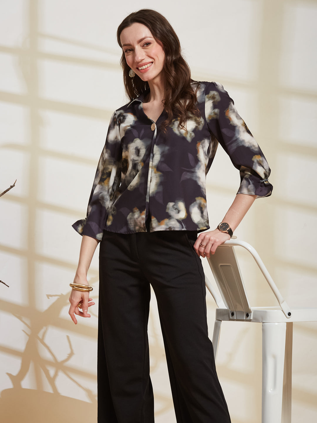 Latin Quarters Women's Navy Blue Printed V-Neck 3/4Th Sleeve Casual Top