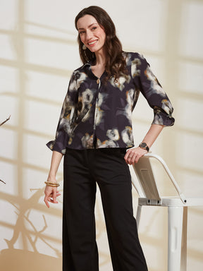 Latin Quarters Women's Navy Blue Printed V-Neck 3/4Th Sleeve Casual Top