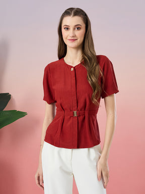 Latin Quarters Women's Rust Solid Half Sleeve Round Neck Casual Top