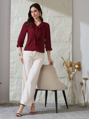 Latin Quarters Women's Red Solid 3/4Th Sleeves V-Neck Casual Top