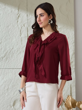 Latin Quarters Women's Red Solid 3/4Th Sleeves V-Neck Casual Top