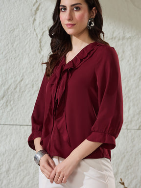Latin Quarters Women's Red Solid 3/4Th Sleeves V-Neck Casual Top