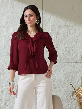 Latin Quarters Women's Red Solid 3/4Th Sleeves V-Neck Casual Top