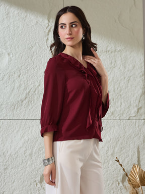 Latin Quarters Women's Red Solid 3/4Th Sleeves V-Neck Casual Top