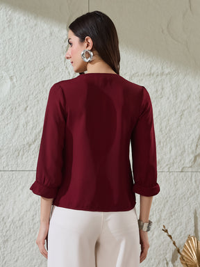 Latin Quarters Women's Red Solid 3/4Th Sleeves V-Neck Casual Top