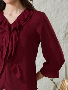 Latin Quarters Women's Red Solid 3/4Th Sleeves V-Neck Casual Top