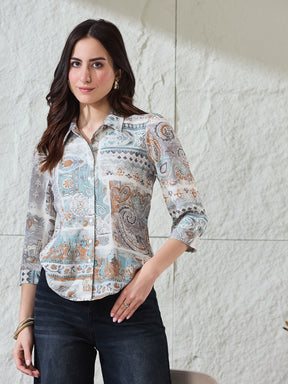 Latin Quarters Women's Light Blue Printed 3/4Th Sleeves Collared Casual Shirt