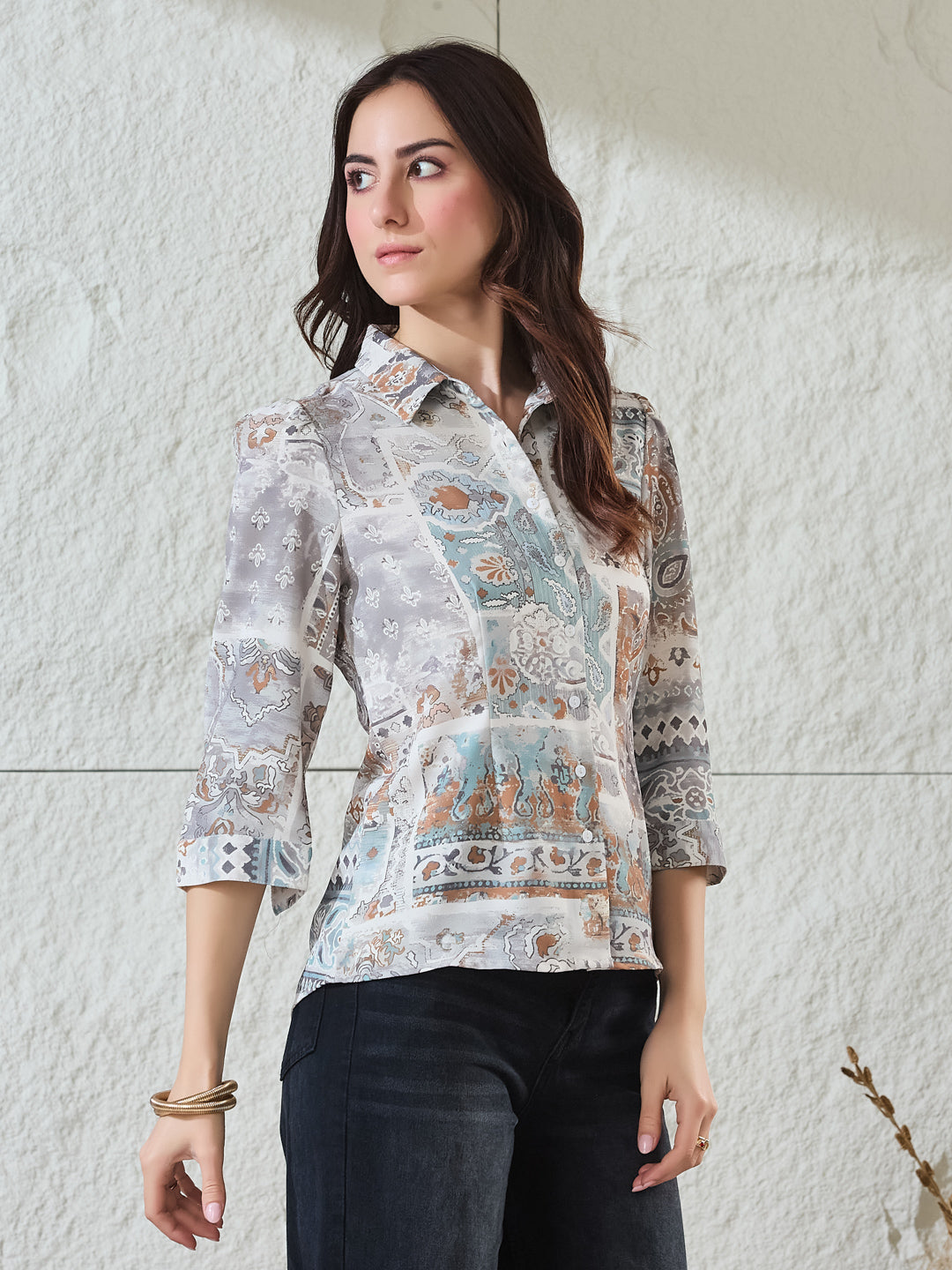 Latin Quarters Women's Light Blue Printed 3/4Th Sleeves Collared Casual Shirt