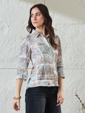 Latin Quarters Women's Light Blue Printed 3/4Th Sleeves Collared Casual Shirt