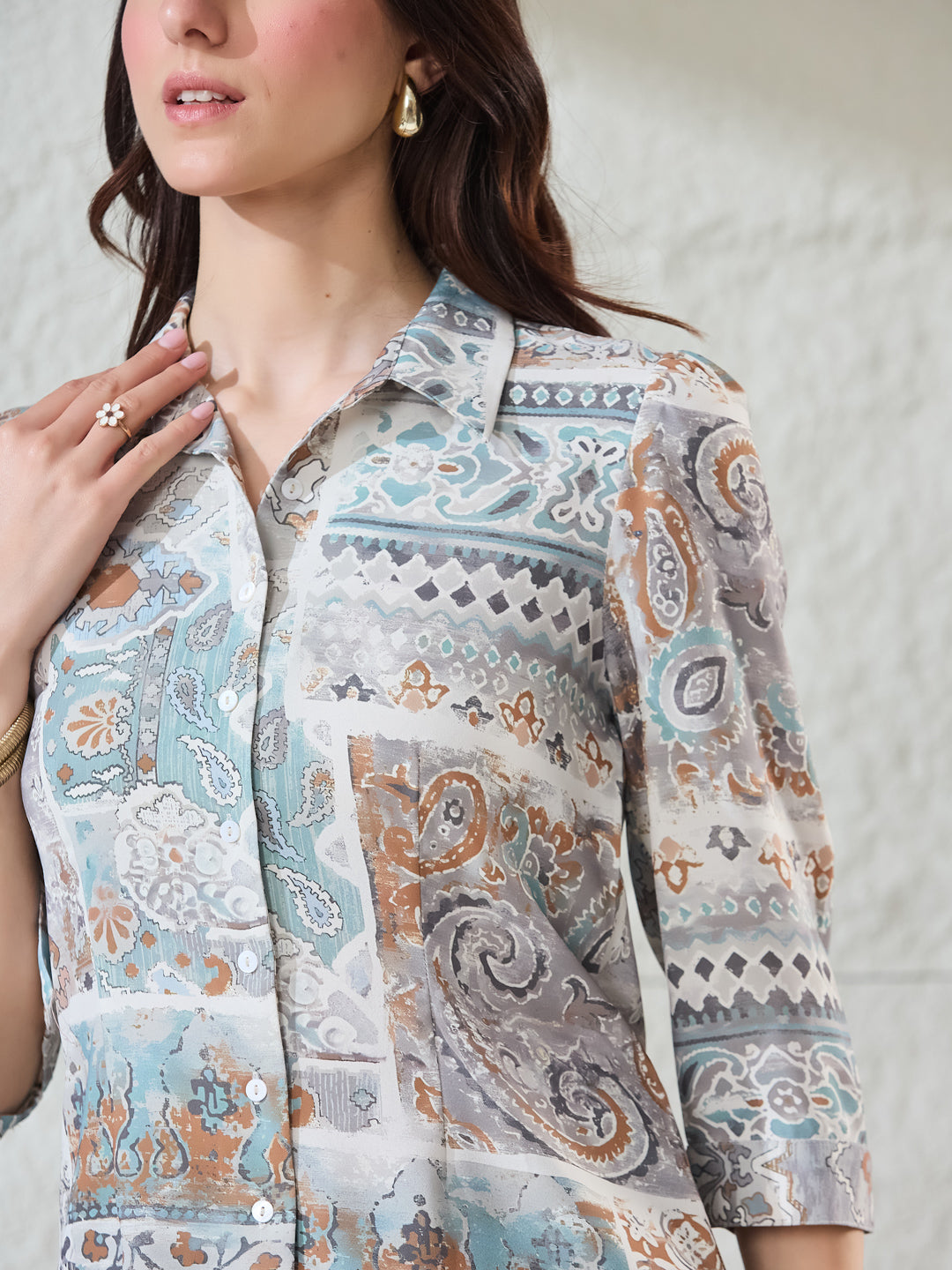 Latin Quarters Women's Light Blue Printed 3/4Th Sleeves Collared Casual Shirt