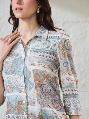Latin Quarters Women's Light Blue Printed 3/4Th Sleeves Collared Casual Shirt