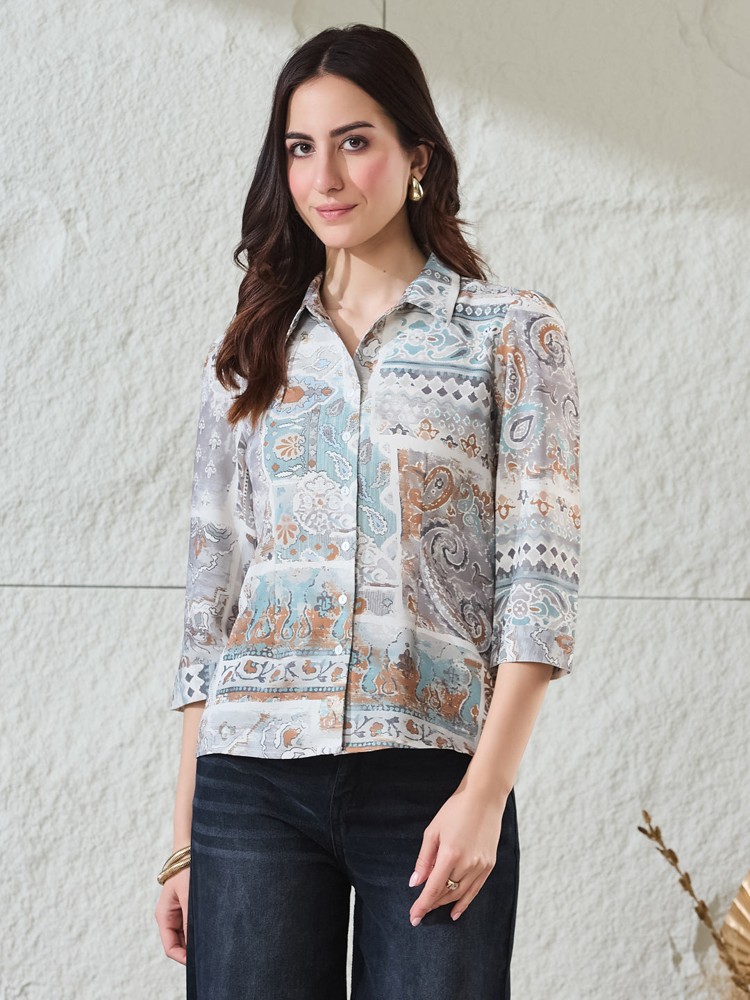 Latin Quarters Women's Light Blue Printed 3/4Th Sleeves Collared Casual Shirt