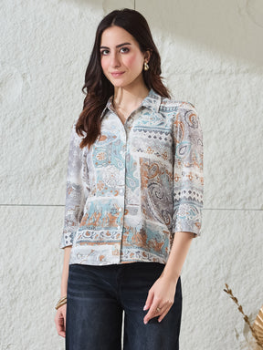 Latin Quarters Women's Light Blue Printed 3/4Th Sleeves Collared Casual Shirt