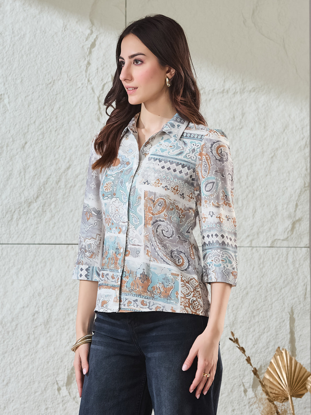 Latin Quarters Women's Light Blue Printed 3/4Th Sleeves Collared Casual Shirt