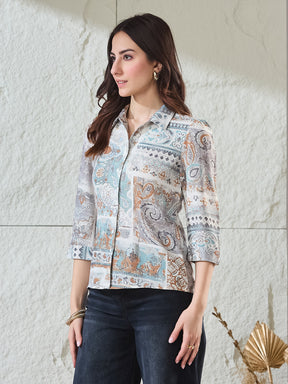 Latin Quarters Women's Light Blue Printed 3/4Th Sleeves Collared Casual Shirt
