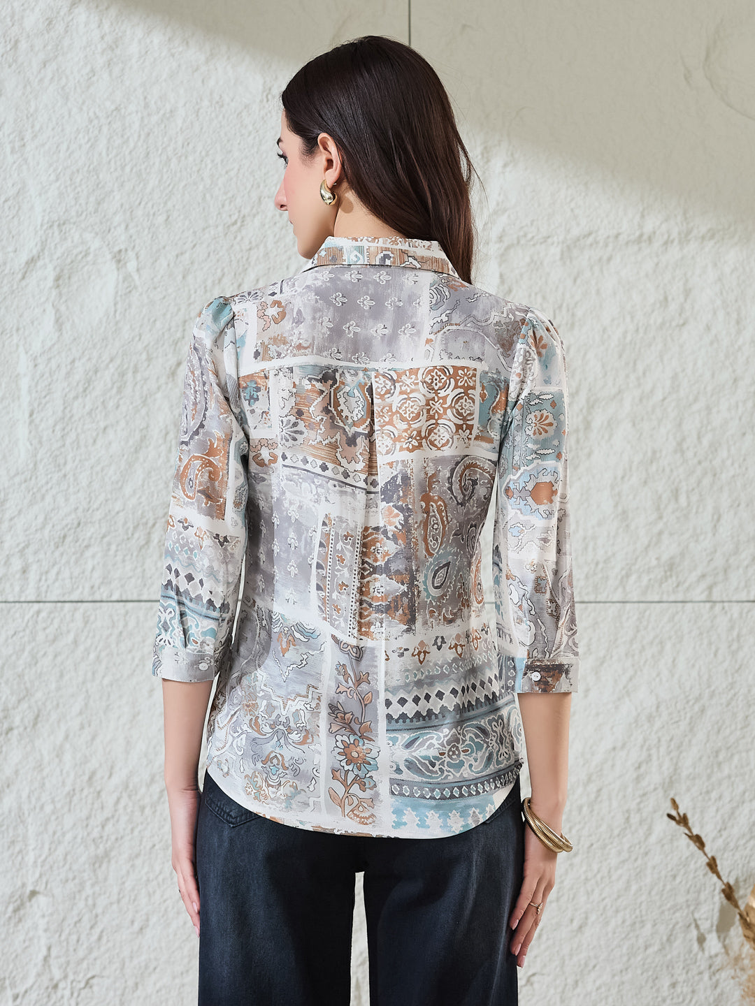 Latin Quarters Women's Light Blue Printed 3/4Th Sleeves Collared Casual Shirt