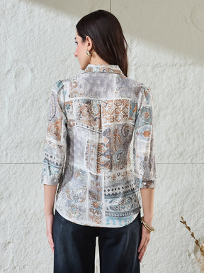 Latin Quarters Women's Light Blue Printed 3/4Th Sleeves Collared Casual Shirt
