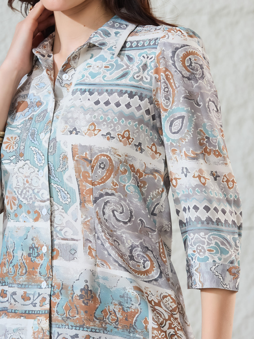 Latin Quarters Women's Light Blue Printed 3/4Th Sleeves Collared Casual Shirt