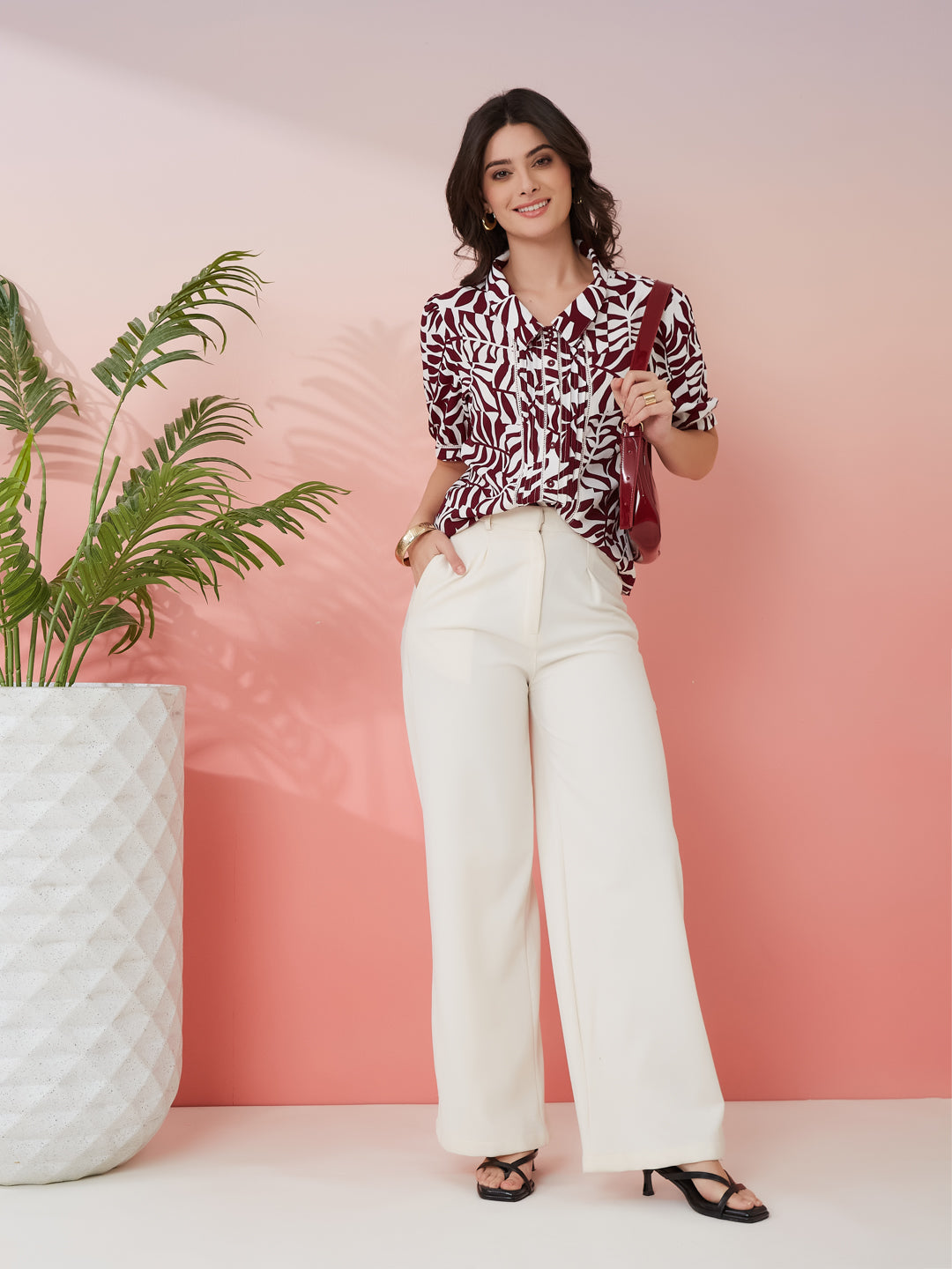 Latin Quarters Women's Maroon Printed Collar Neck Half Sleeves Casual Shirt