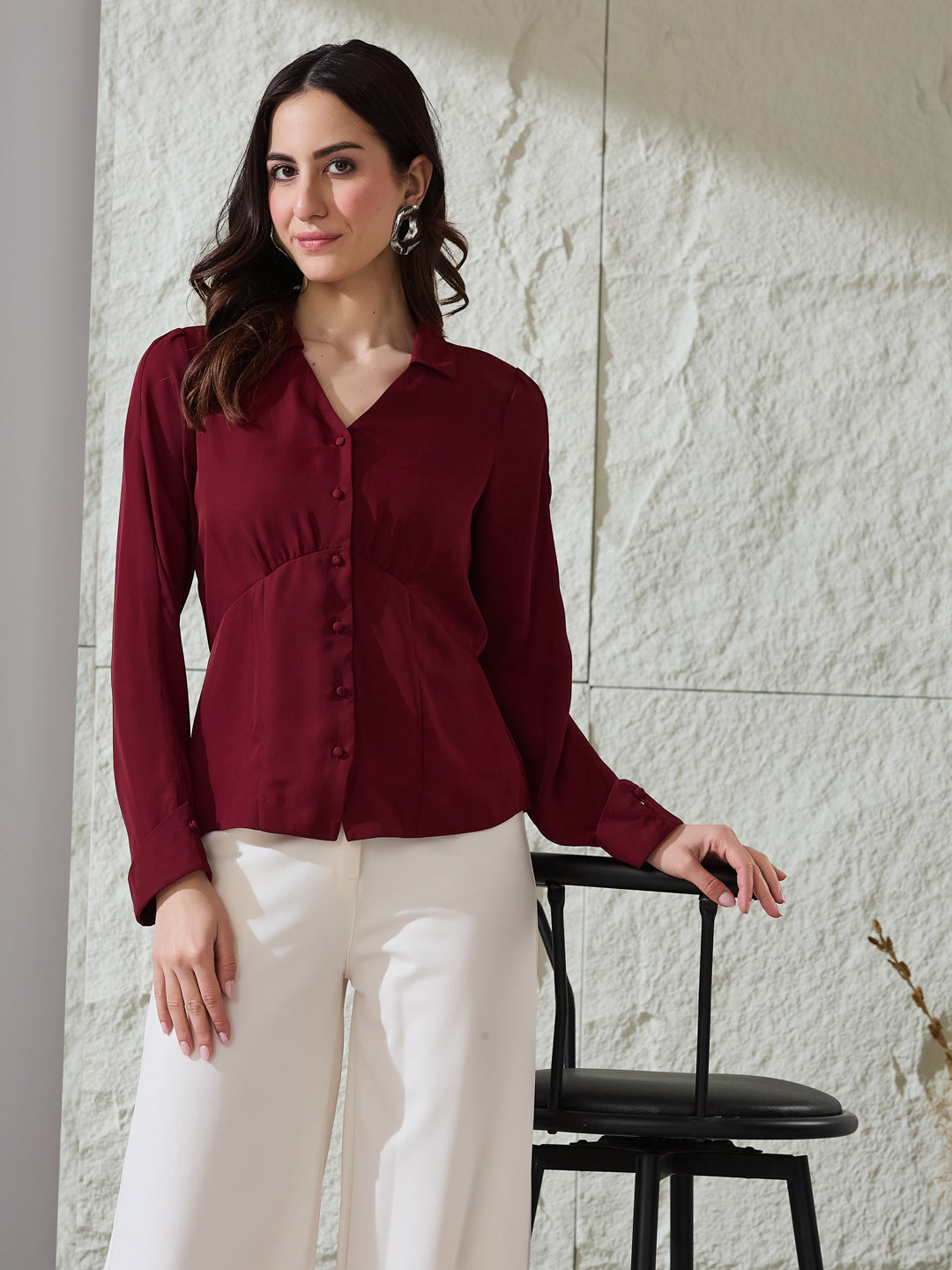 Latin Quarters Women's Maroon Solid Collar Neck Full Sleeves Casual Shirt