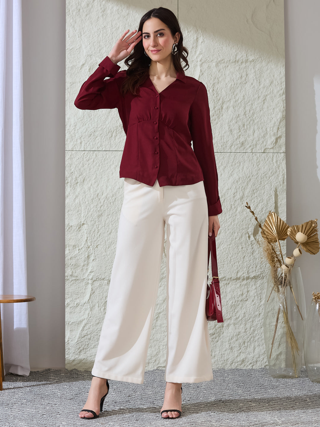 Latin Quarters Women's Maroon Solid Collar Neck Full Sleeves Casual Shirt