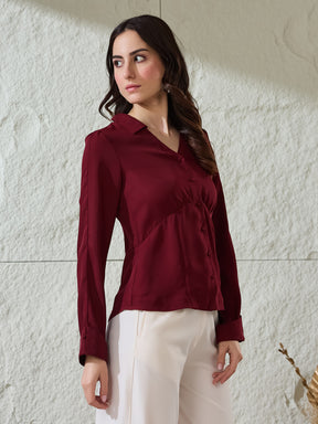 Latin Quarters Women's Maroon Solid Collar Neck Full Sleeves Casual Shirt