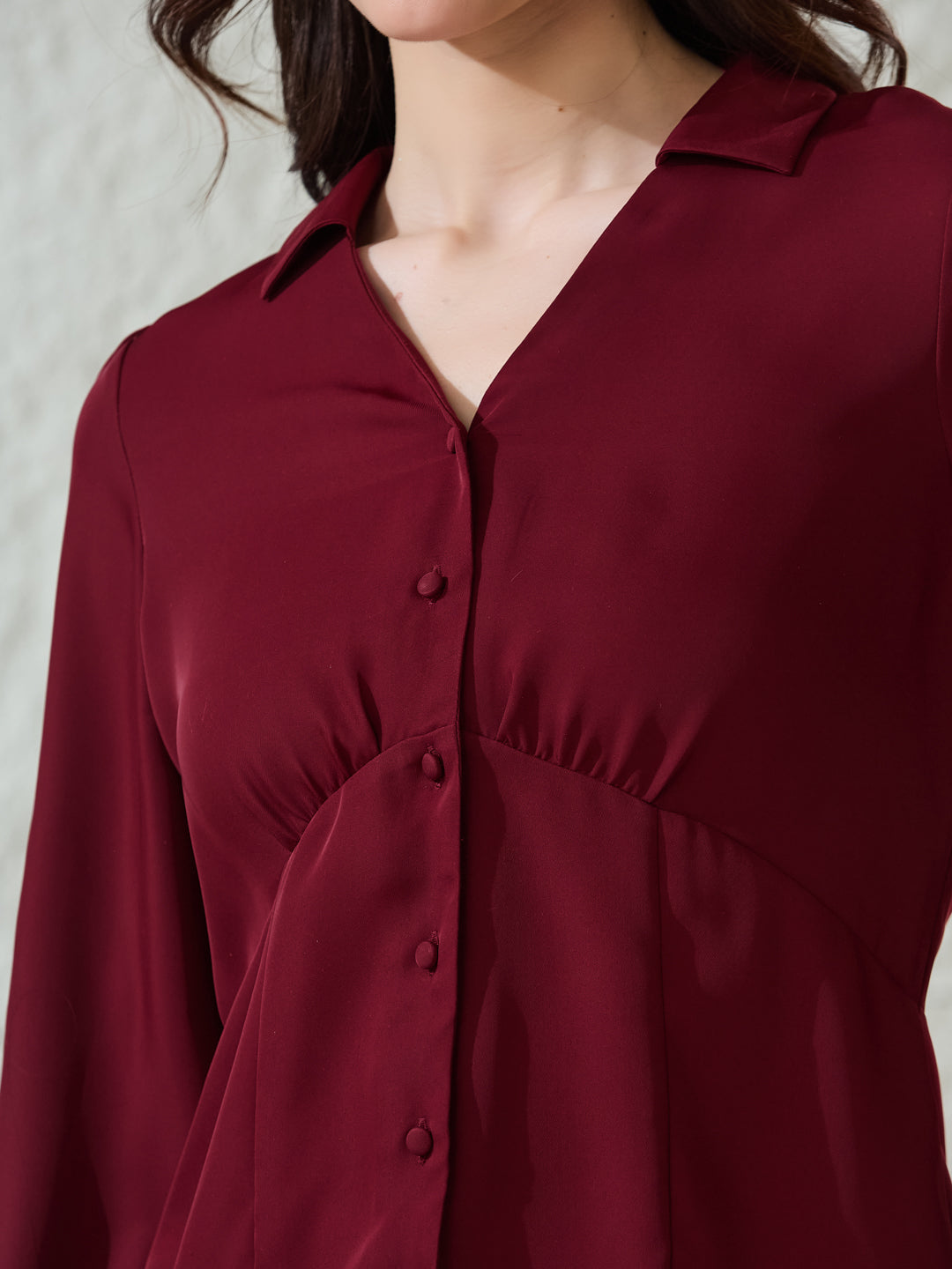 Latin Quarters Women's Maroon Solid Collar Neck Full Sleeves Casual Shirt