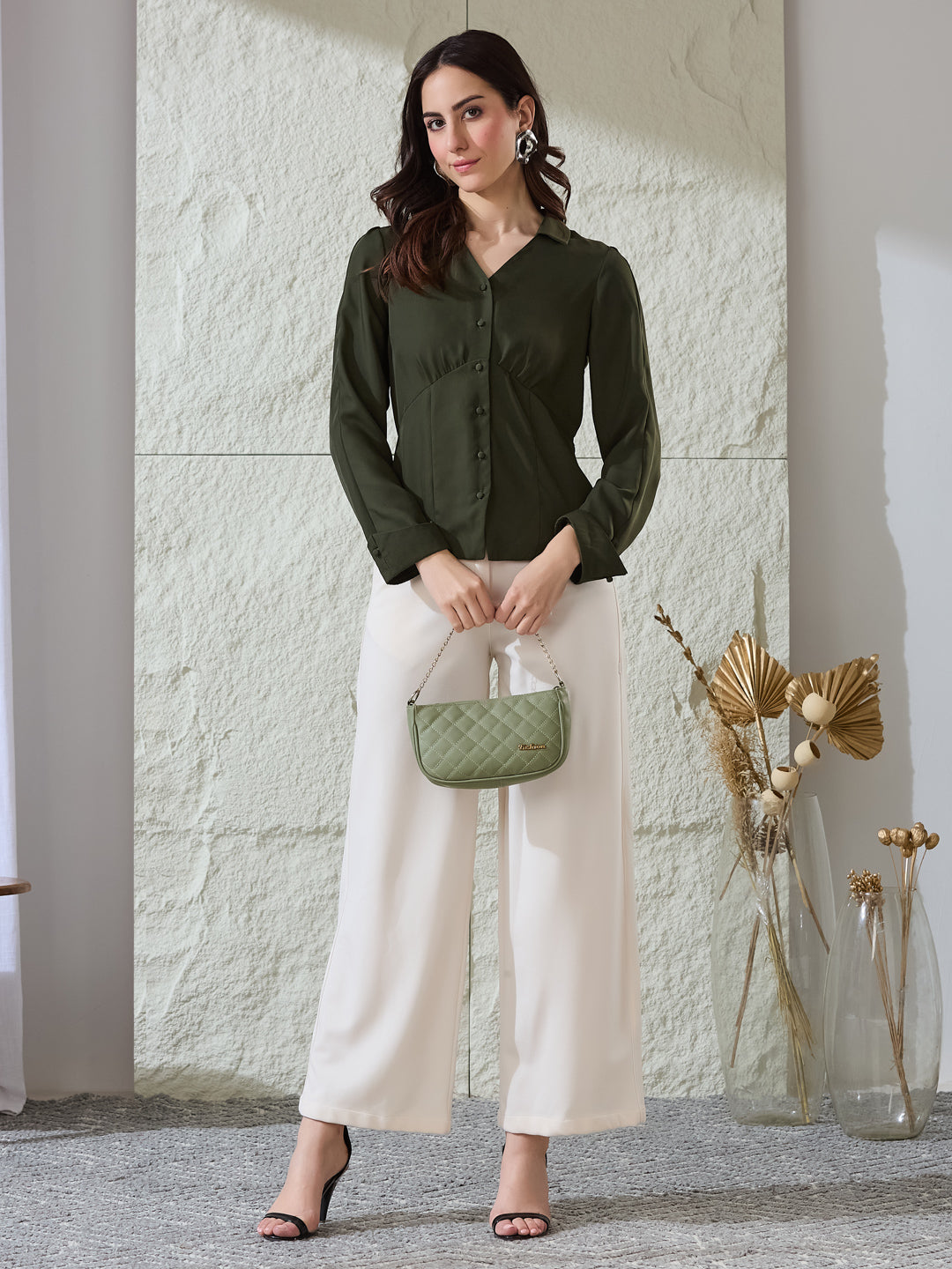 Latin Quarters Women's Green Solid Full Sleeves Collared Casual Shirt
