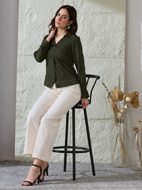 Latin Quarters Women's Green Solid Full Sleeves Collared Casual Shirt