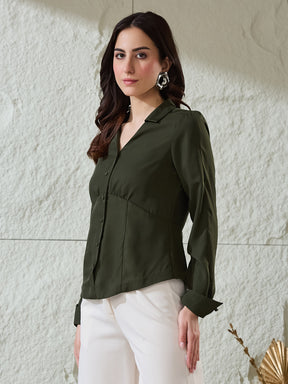 Latin Quarters Women's Green Solid Full Sleeves Collared Casual Shirt