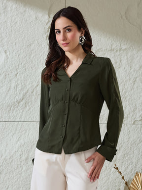 Latin Quarters Women's Green Solid Full Sleeves Collared Casual Shirt