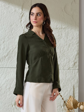 Latin Quarters Women's Green Solid Full Sleeves Collared Casual Shirt