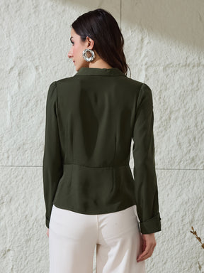 Latin Quarters Women's Green Solid Full Sleeves Collared Casual Shirt