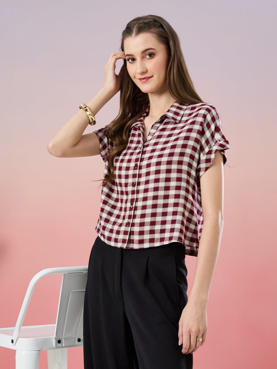 Latin Quarters Women's Maroon Checkered Cap Sleeve Collar Neck Casual Shirt