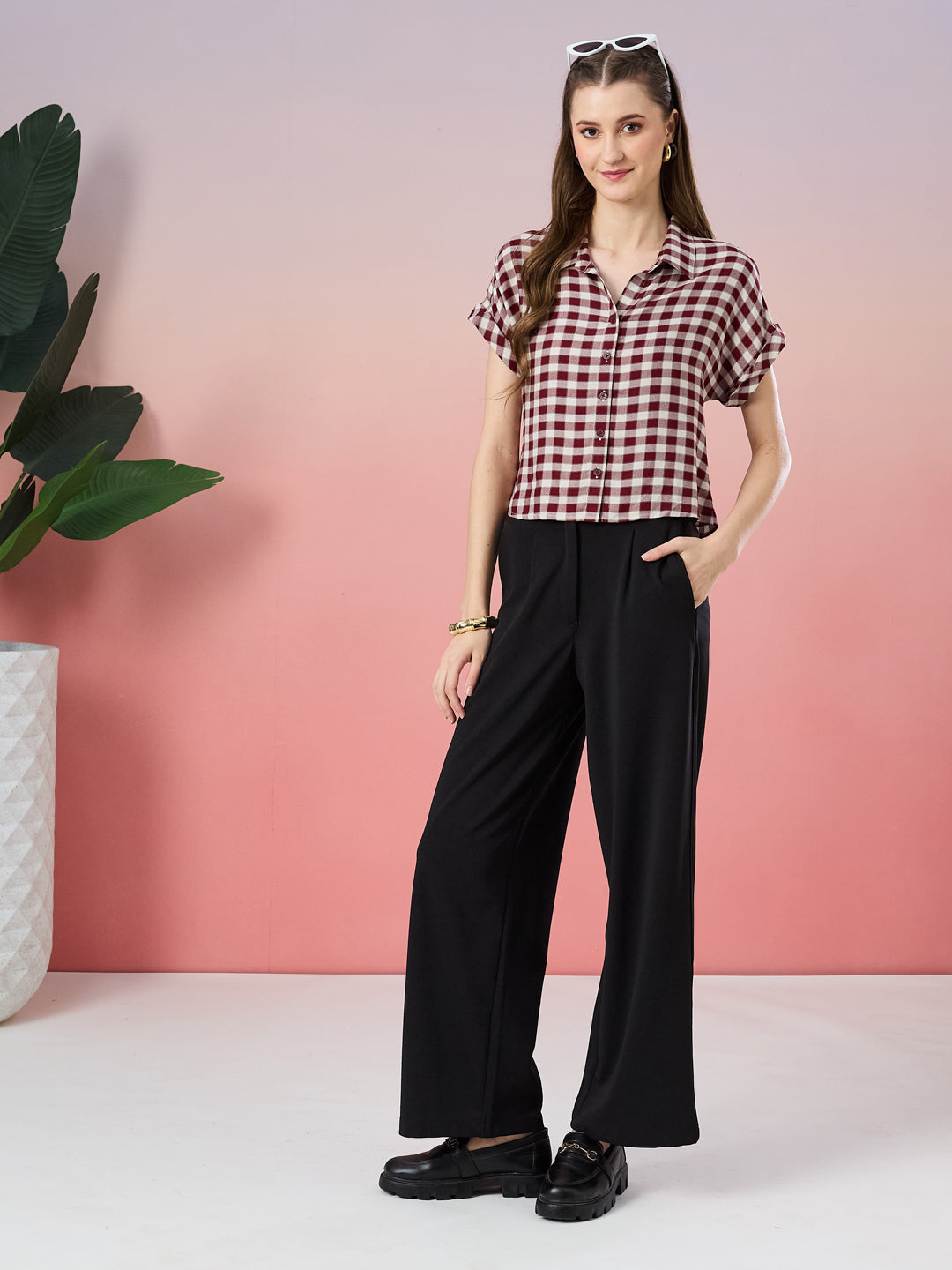 Latin Quarters Women's Maroon Checkered Cap Sleeve Collar Neck Casual Shirt