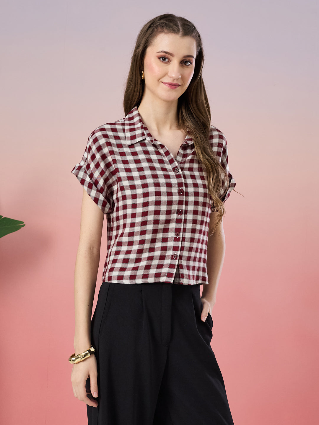 Latin Quarters Women's Maroon Checkered Cap Sleeve Collar Neck Casual Shirt
