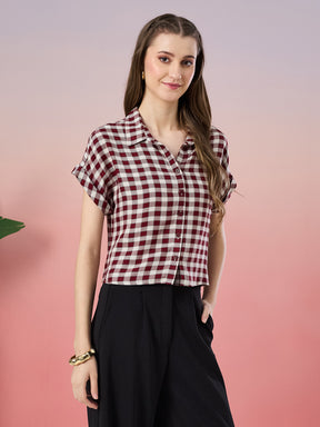 Latin Quarters Women's Maroon Checkered Cap Sleeve Collar Neck Casual Shirt