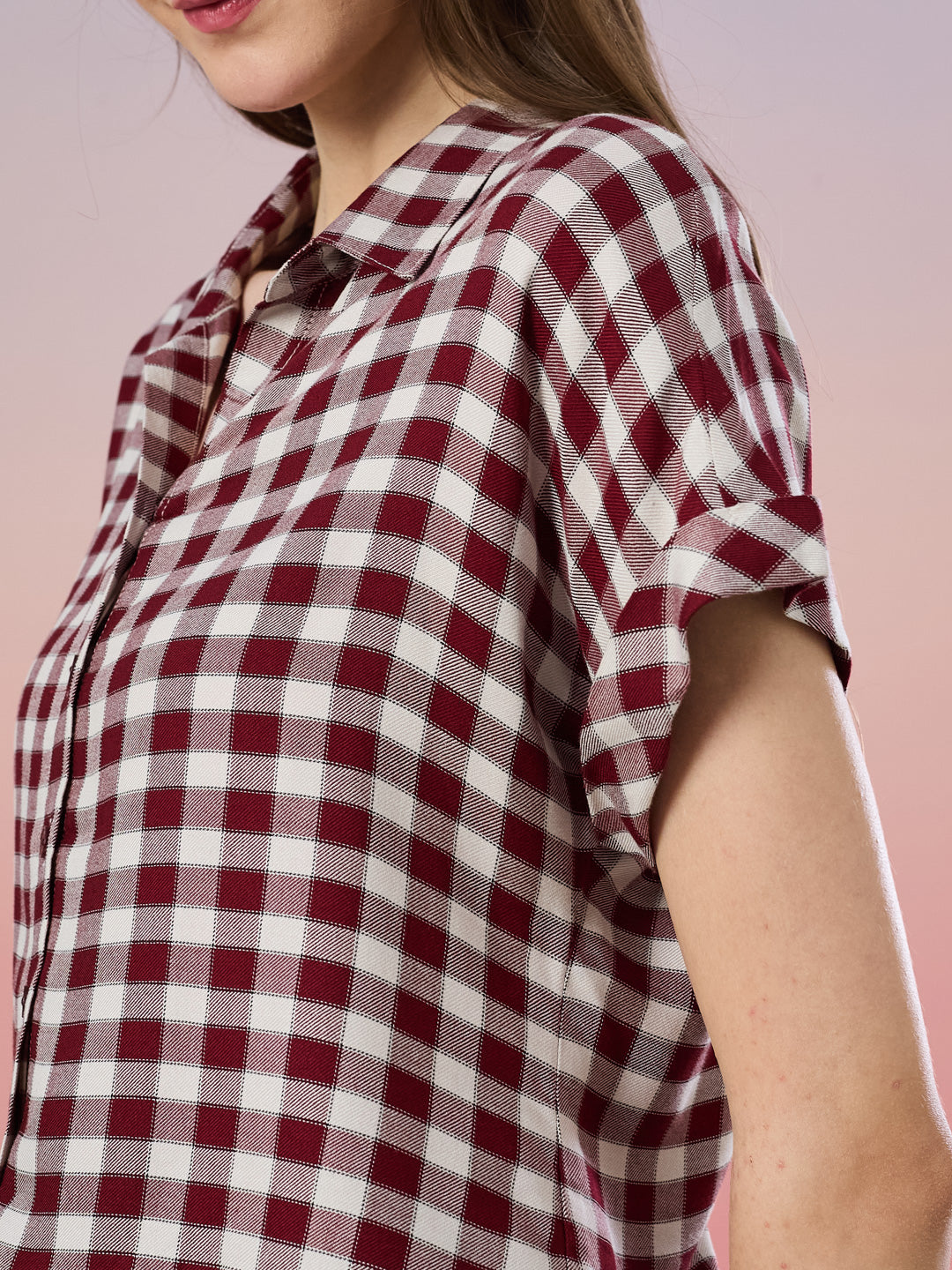 Latin Quarters Women's Maroon Checkered Cap Sleeve Collar Neck Casual Shirt