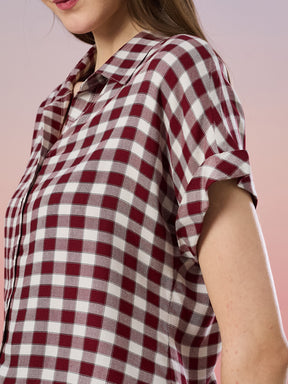 Latin Quarters Women's Maroon Checkered Cap Sleeve Collar Neck Casual Shirt