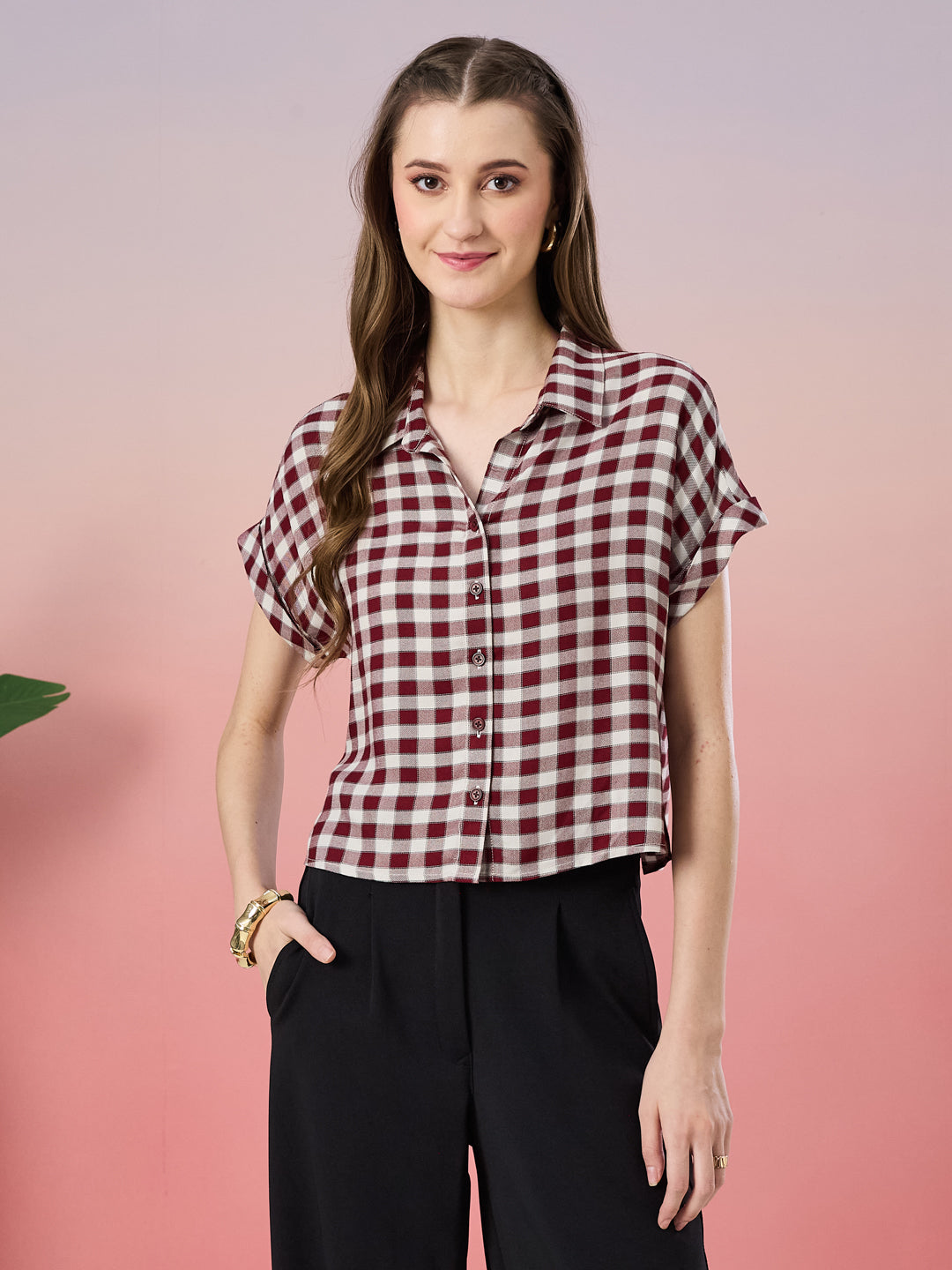 Latin Quarters Women's Maroon Checkered Cap Sleeve Collar Neck Casual Shirt