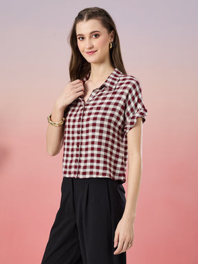 Latin Quarters Women's Maroon Checkered Cap Sleeve Collar Neck Casual Shirt