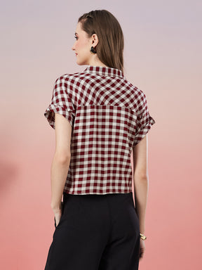 Latin Quarters Women's Maroon Checkered Cap Sleeve Collar Neck Casual Shirt