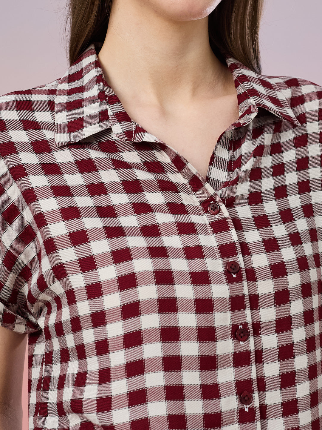 Latin Quarters Women's Maroon Checkered Cap Sleeve Collar Neck Casual Shirt