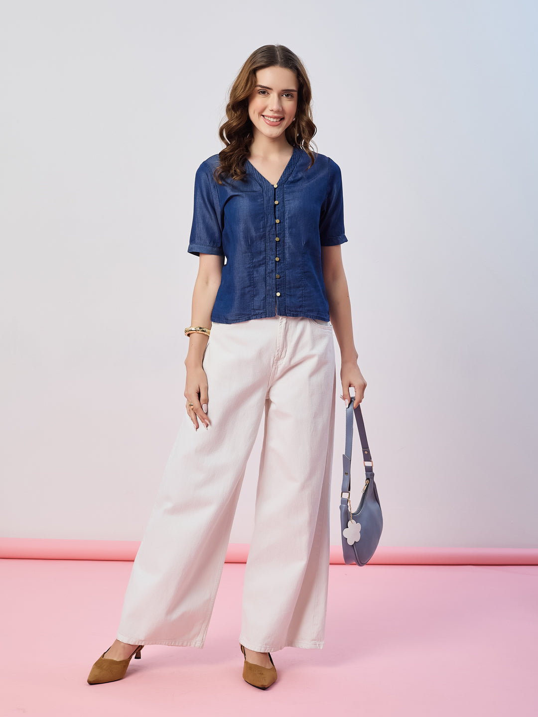 Latin Quarters Women's Blue Solid Half Sleeves V-Neck Casual Top