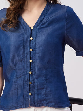 Latin Quarters Women's Blue Solid Half Sleeves V-Neck Casual Top