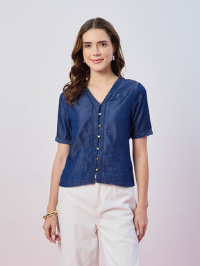 Latin Quarters Women's Blue Solid Half Sleeves V-Neck Casual Top
